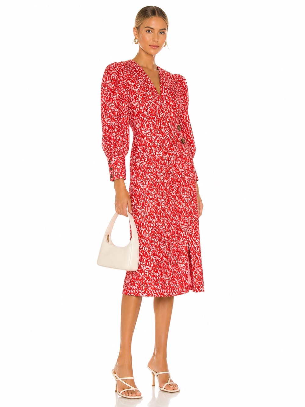 new Ganni Red White Floral Midi Dress Puff Sleeve Button Detail Size 40